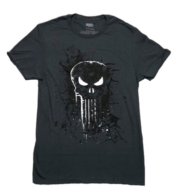 Punisher Mens T-Shirt - Distressed B & W Logo Over Black Paint Splatter