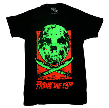 Friday the 13th Mens T-Shirt - Giant Neon Green Jason Mask Over Knives