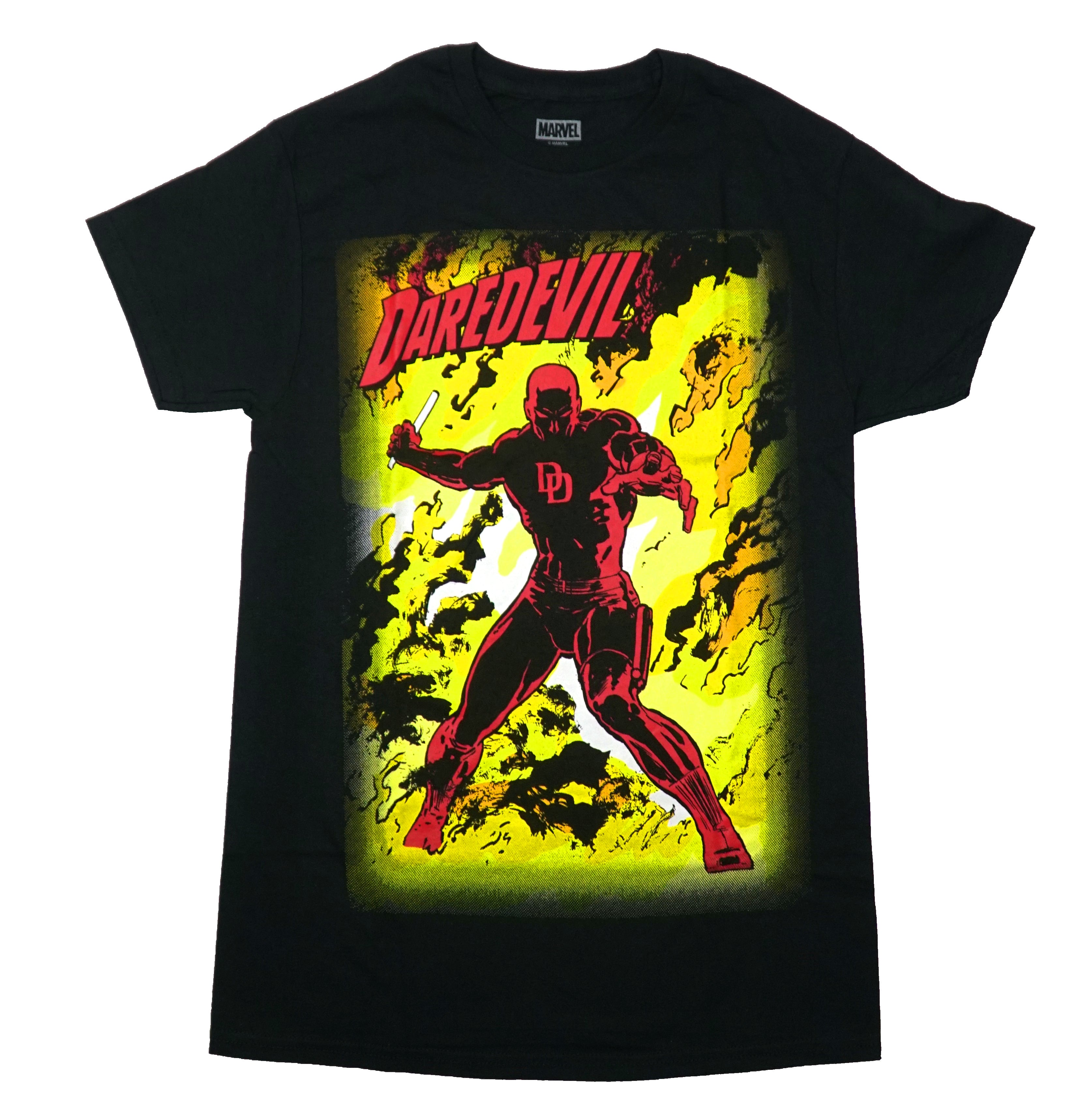 Daredevil Mens T-Shirt - Holding Baton In Front of Yellow Background