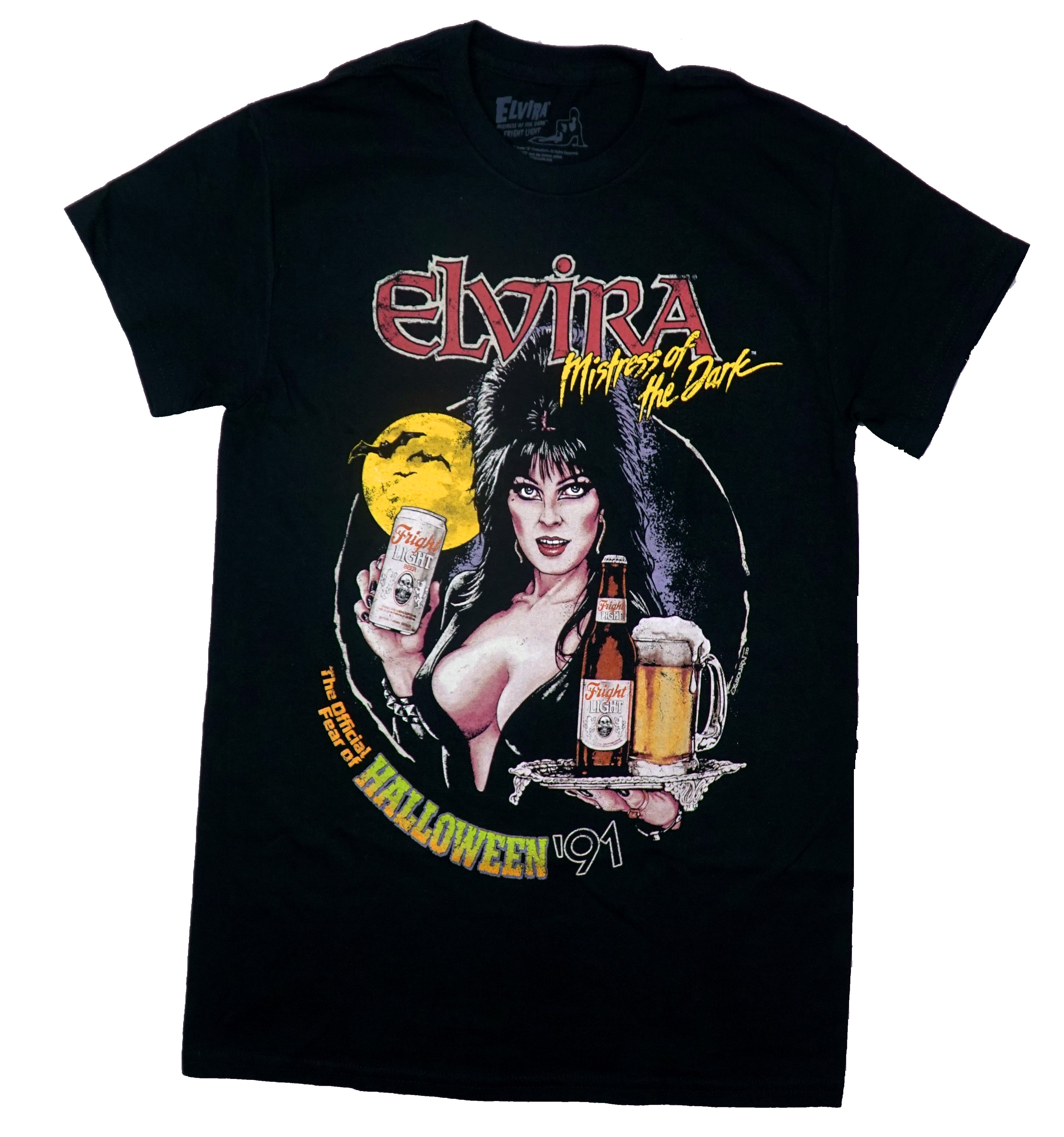 Elvira Mens T-Shirt - Mistress of the Dark Fright Light Beer Ad