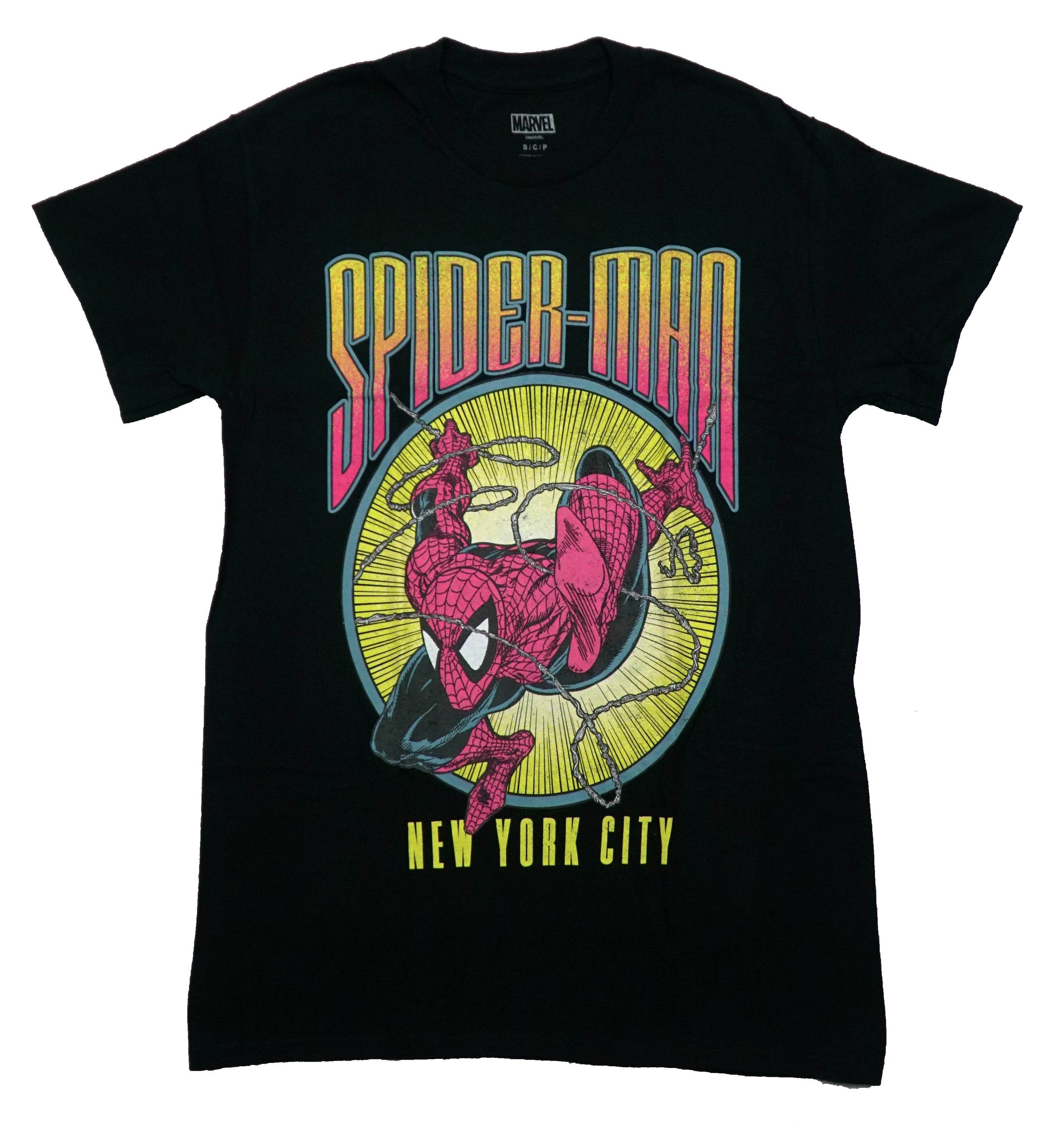 Spider-Man Mens T-Shirt - Flying Out Of Yellow New York City
