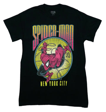 Spider-Man Mens T-Shirt - Flying Out Of Yellow New York City