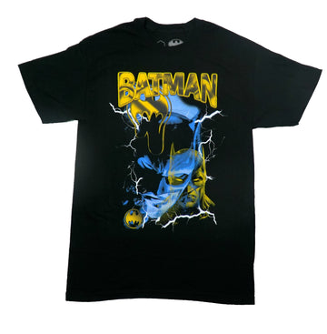 Batman Mens T-Shirt - Double Image In Lightning Below Name