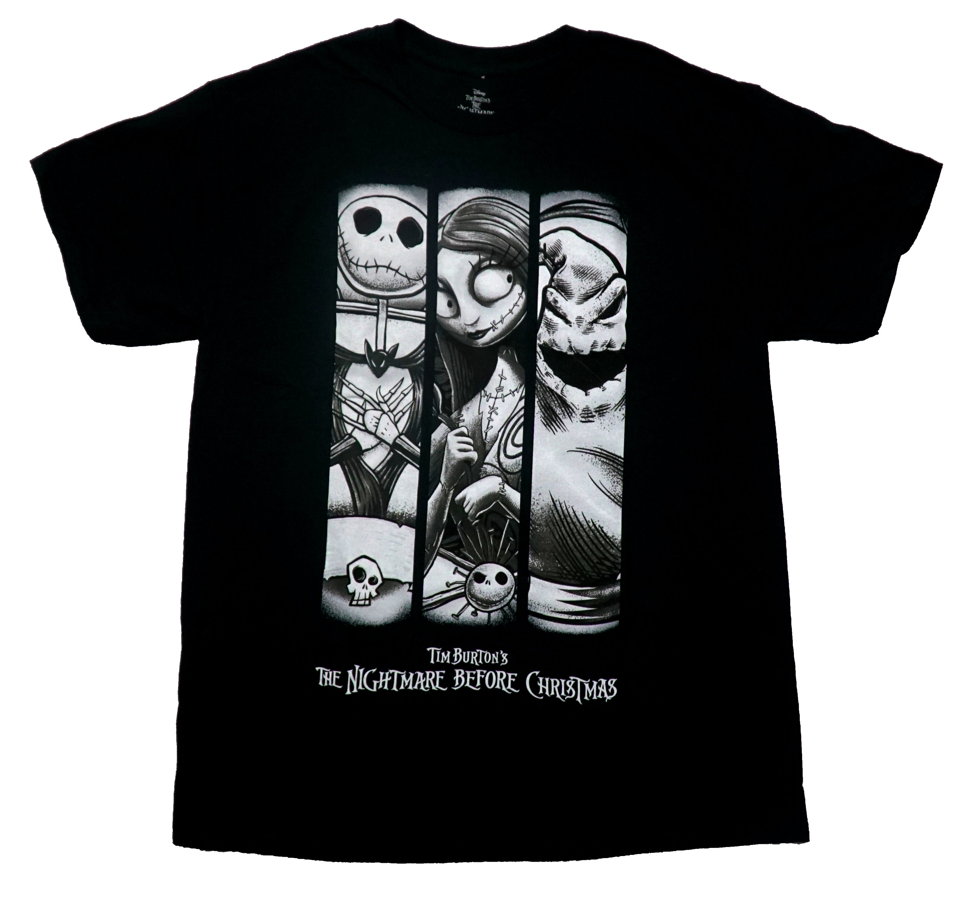 Nightmare Before Christmas Mens T-Shirt -Grayscale Jack, Sally & Oogie