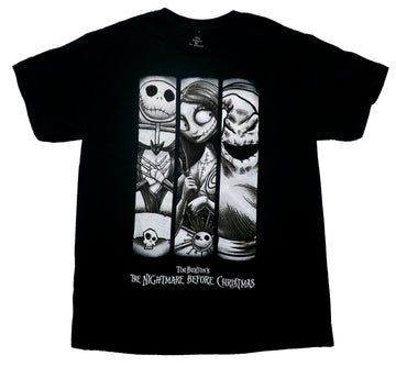 Nightmare Before Christmas Mens T-Shirt -Grayscale Jack, Sally & Oogie