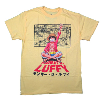 One Piece Mens T-Shirt - Luffy Sitting Crossed Hand Up In Front of Map