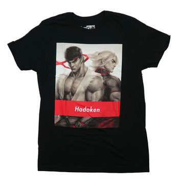 Street Fighter Mens T-Shirt - Ken & Ryu Hadoken Duo Front Logo on Back