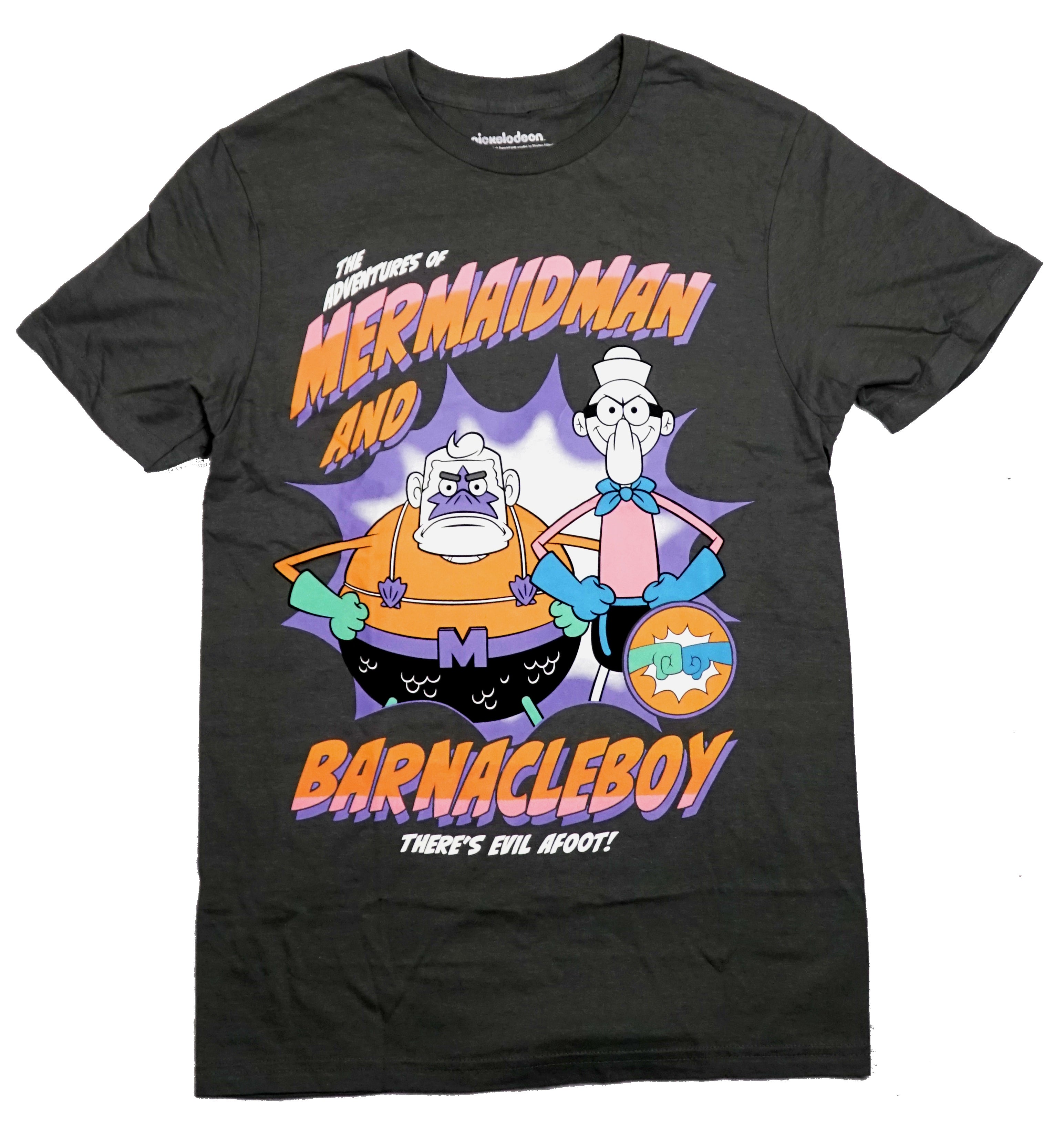 Spongebob Mens T-Shirt - Mermaidman & Barnacle Boy There's Evil Afoot!