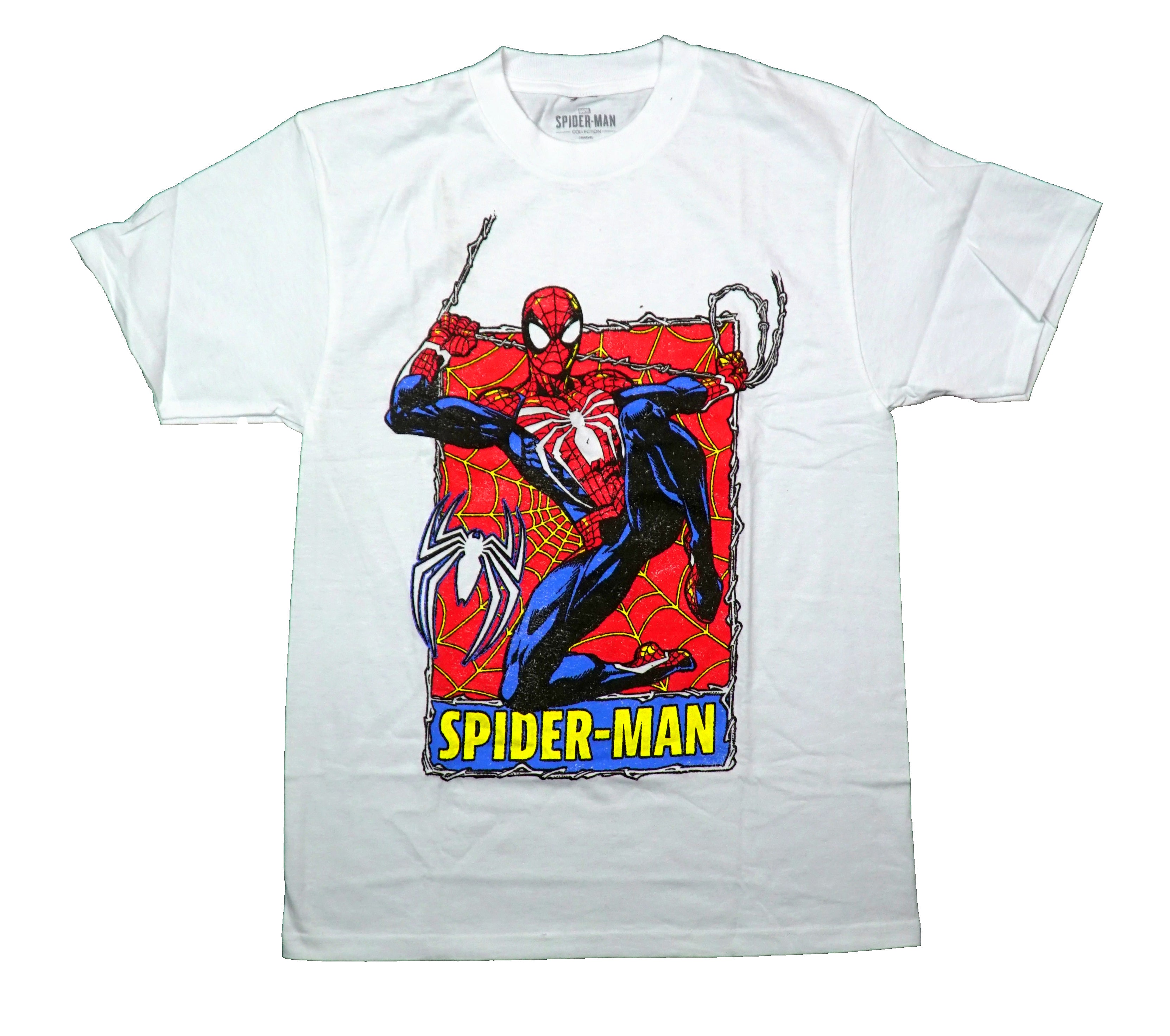 Spider-Man Mens T-Shirt - Flying Web Frame Besides Blue Outlined Spider