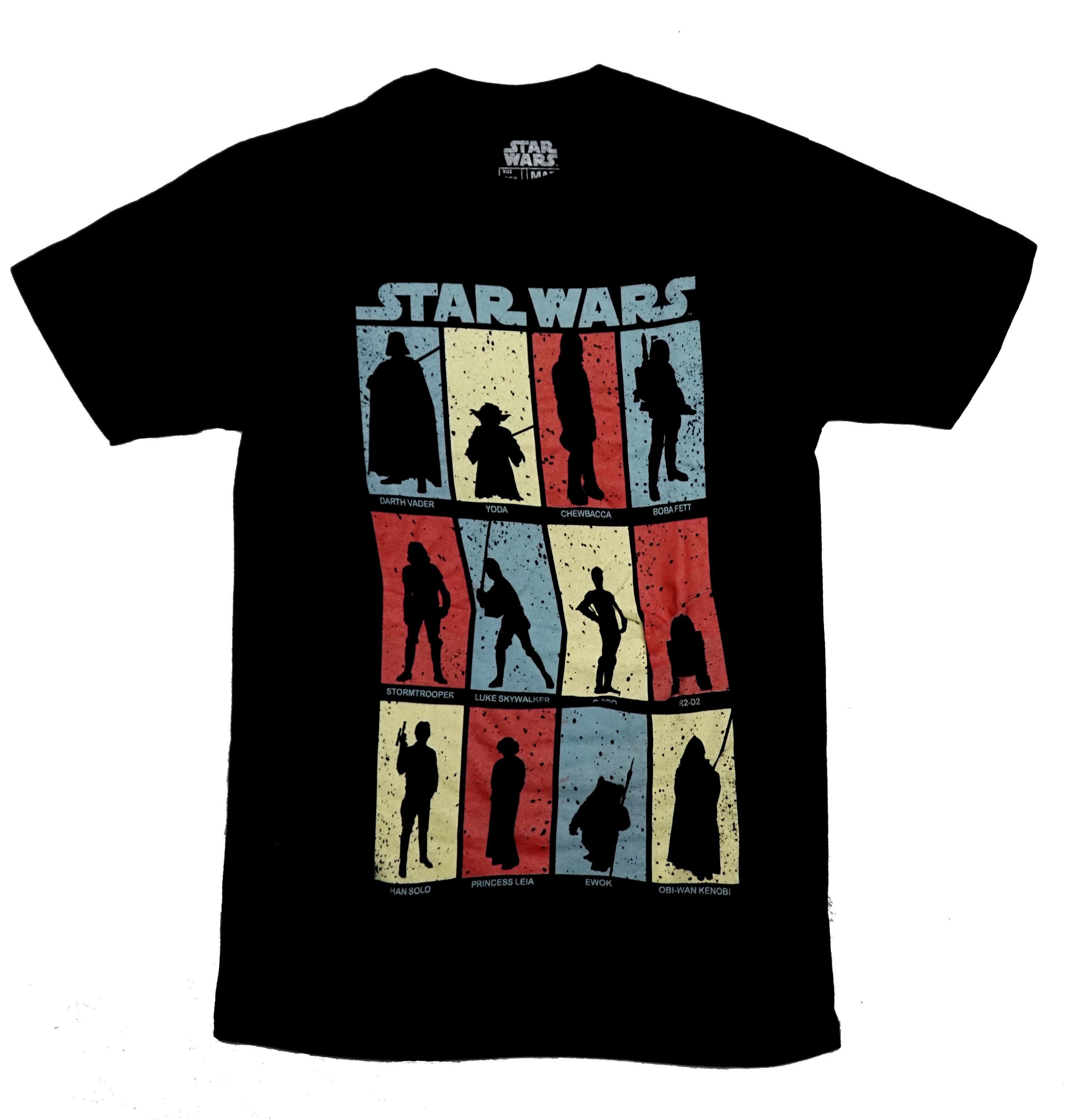 Star Wars Mens T-Shirt - Boxed Black Silohouette of Characters Listed