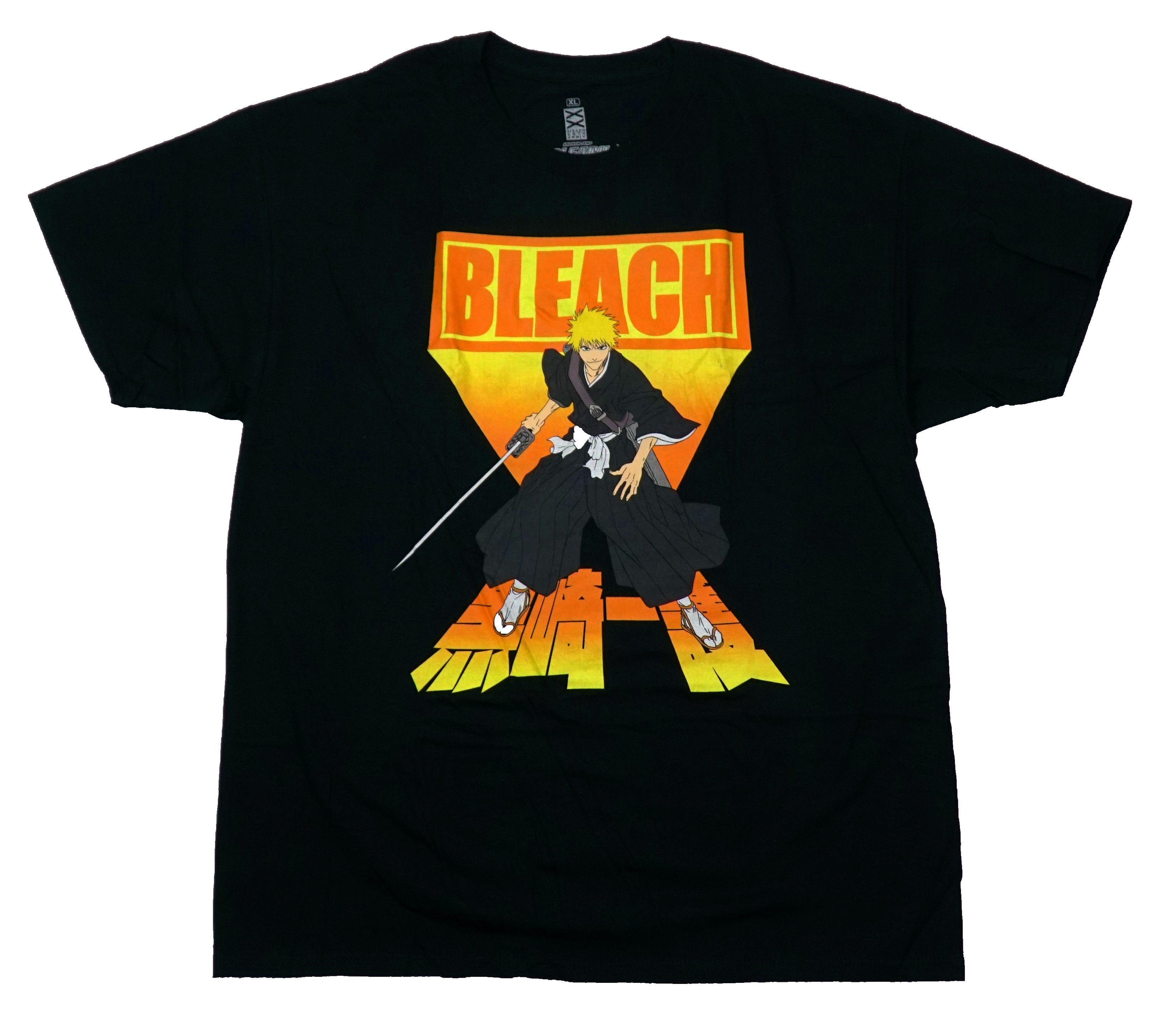 Bleach Mens T-Shirt - Standing on Orange Kanji Block Logo Below Bleach Name