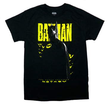 Batman Mens T-Shirt - Black Silhouette In Bat Filled Yellow Name