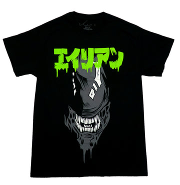 Alien Mens T-Shirt -Giant Xenomorph Under Green Kanji