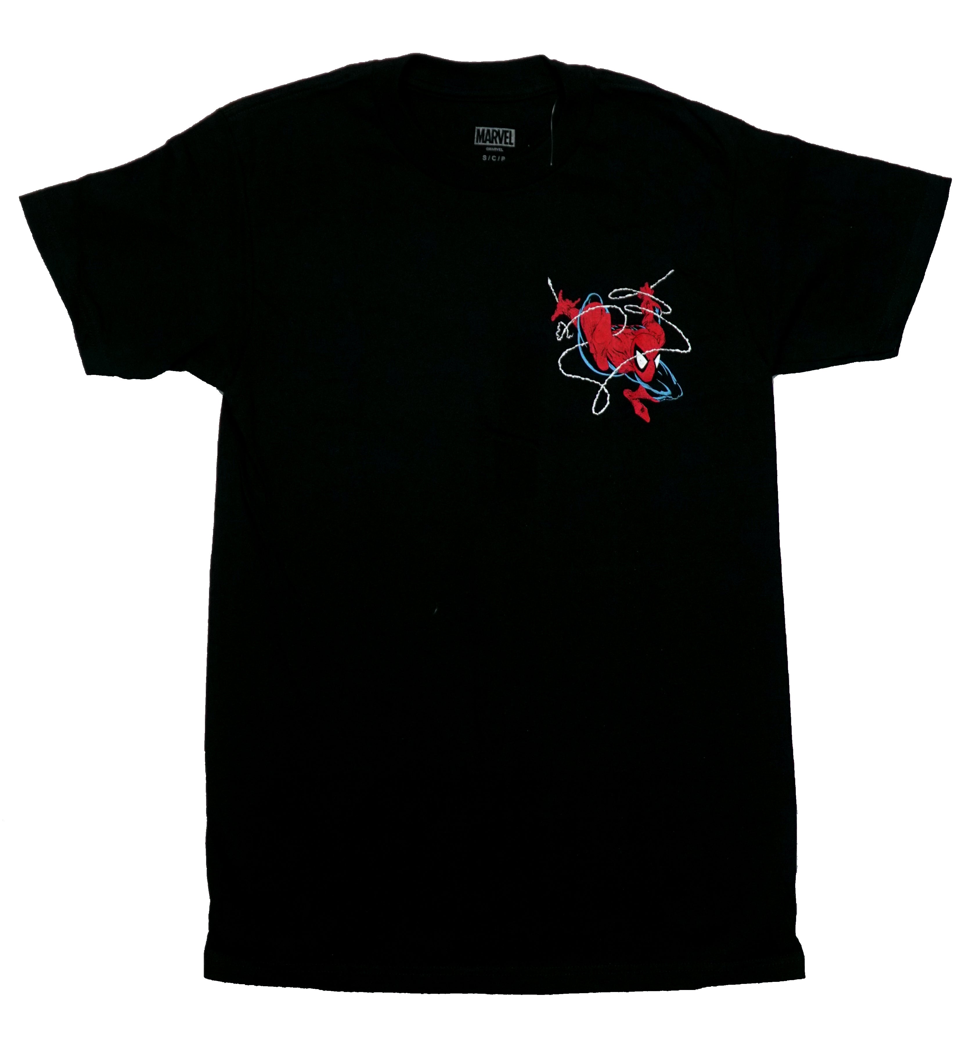 Spider-Man Mens T-Shirt - Lapel Flying Spider-Man Venom vs  Heads on Back