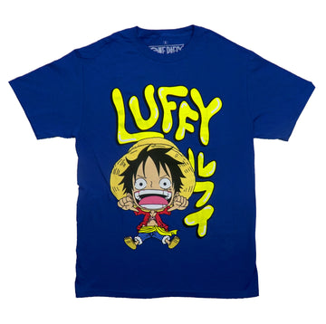 One Piece Mens T-Shirt - Giant Chibi Luffy Under Bubble Name