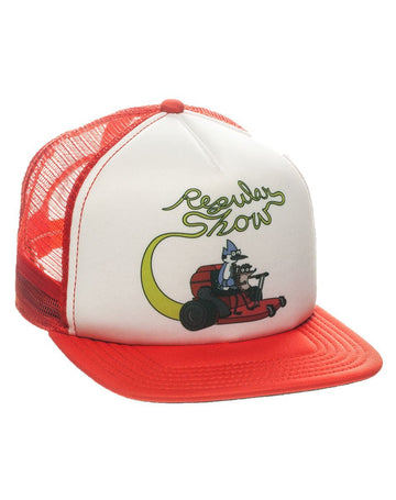 Regular Show Trucker Hat - Mordecai and Rigby Lawnmower White Face on Red