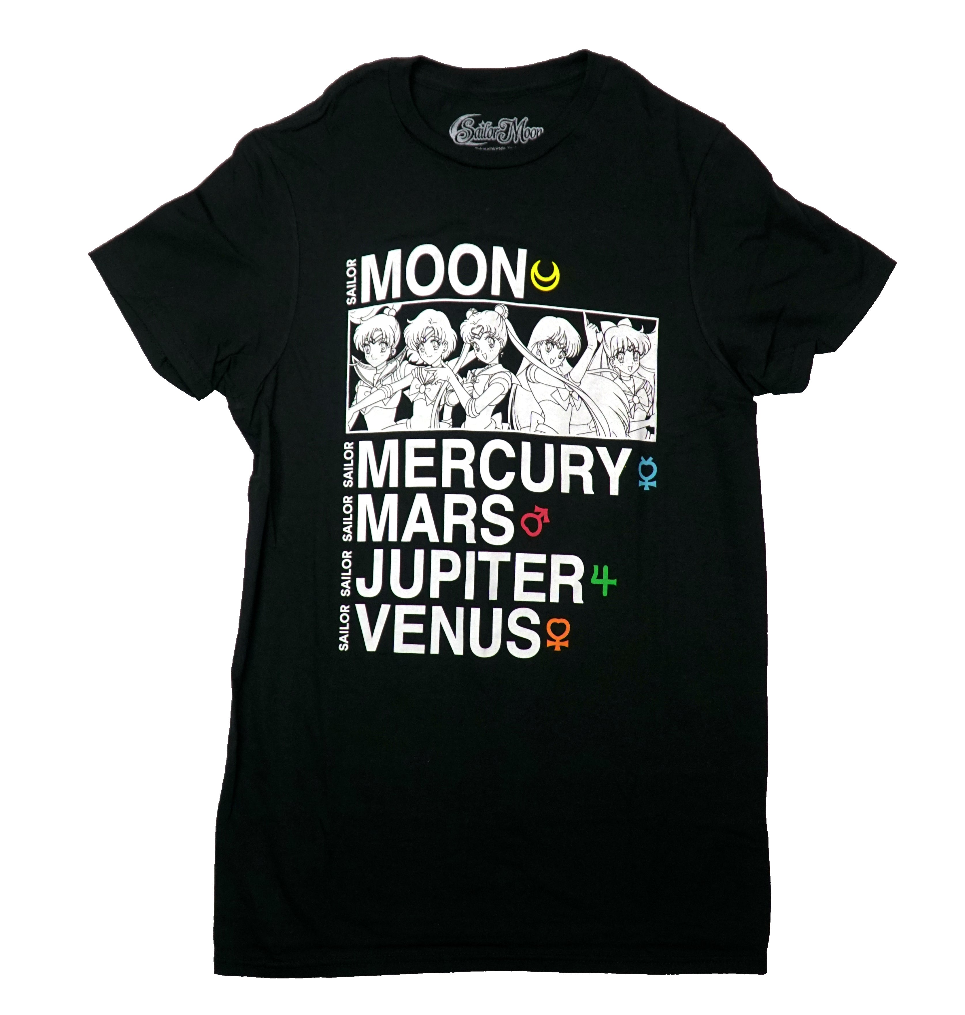 Sailor Moon Mens T-Shirt - Black and White Cast Over Names
