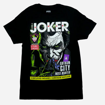 Batman Mens T-Shirt - Joker Gotham Most Wanted Large Poster Image