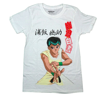 Yu-Yu Yakusho Mens T-Shirt - Yuske Battle Ready Pose Next to Red Kanji