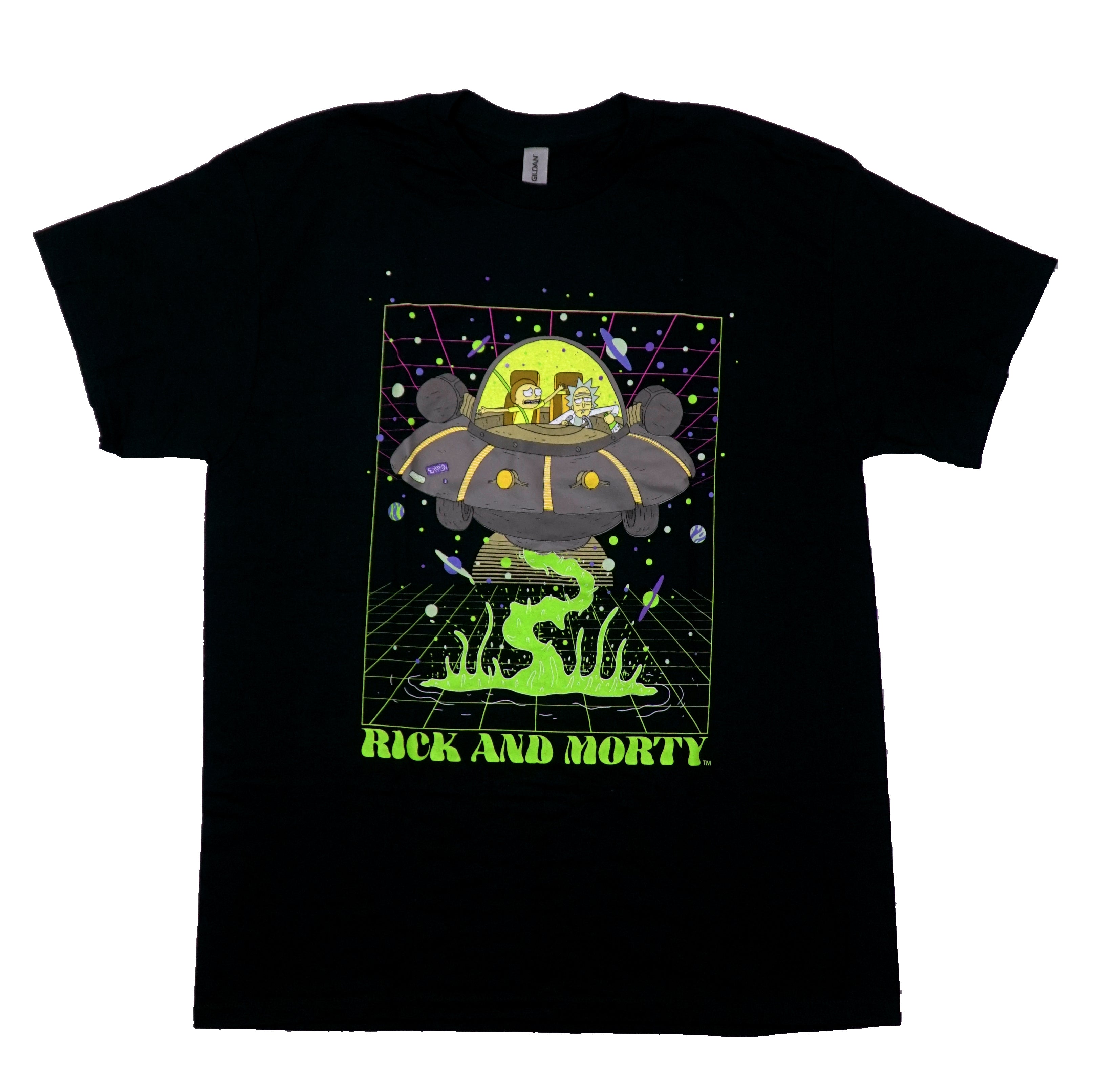 Rick and Morty Mens T-Shirt - In Spaceship Inside Planets Grid Above Name