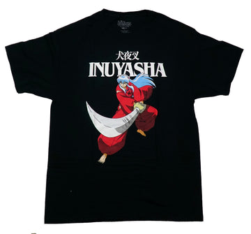 Inuyasha Mens T-Shirt - Solo Sword Fighting Pose Under Kanji Name