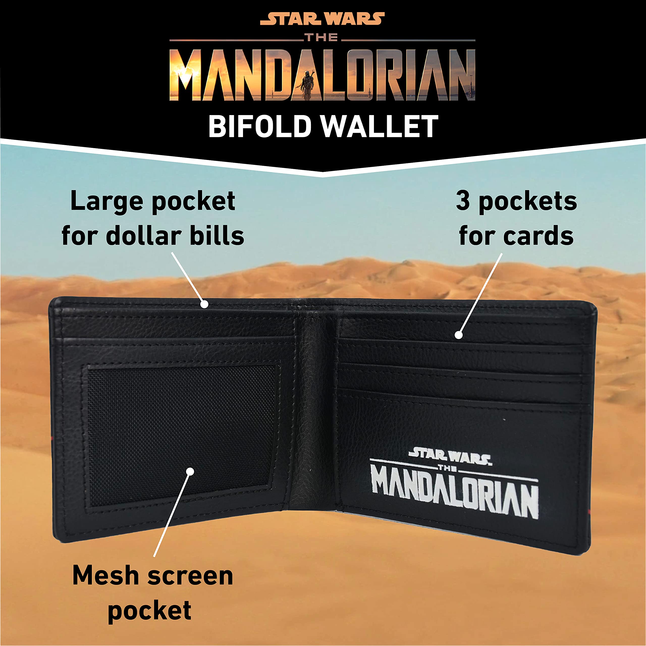 Star Wars The Mandalorian Wallet, Slim Bifold Wallet with Decorative Tin Case, Black and Red