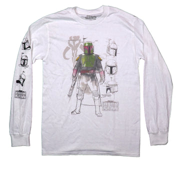 Star Wars Mens Long Sleeve T-Shirt - Boba Fett Helmets Sleeve Sketch Diagram