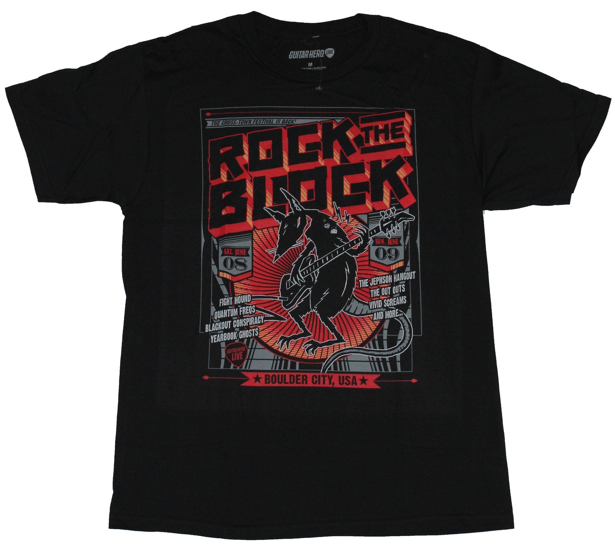 Guitar Hero Live Mens T-Shirt - Rock the Block Rocking Rat Boulder City USA