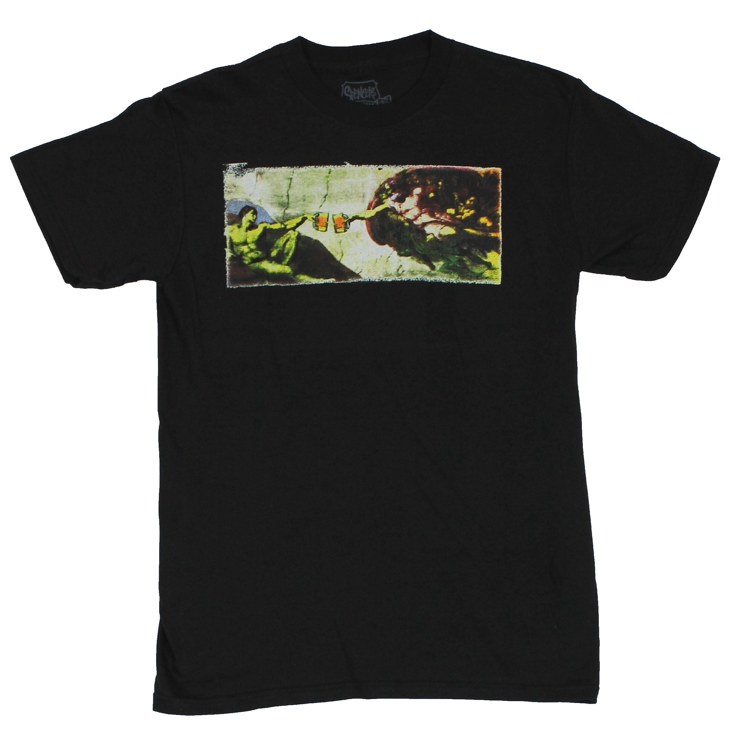 Creation of Adam Paraody Mens T-Shirt -  God and Adam Enjoying Some Brews