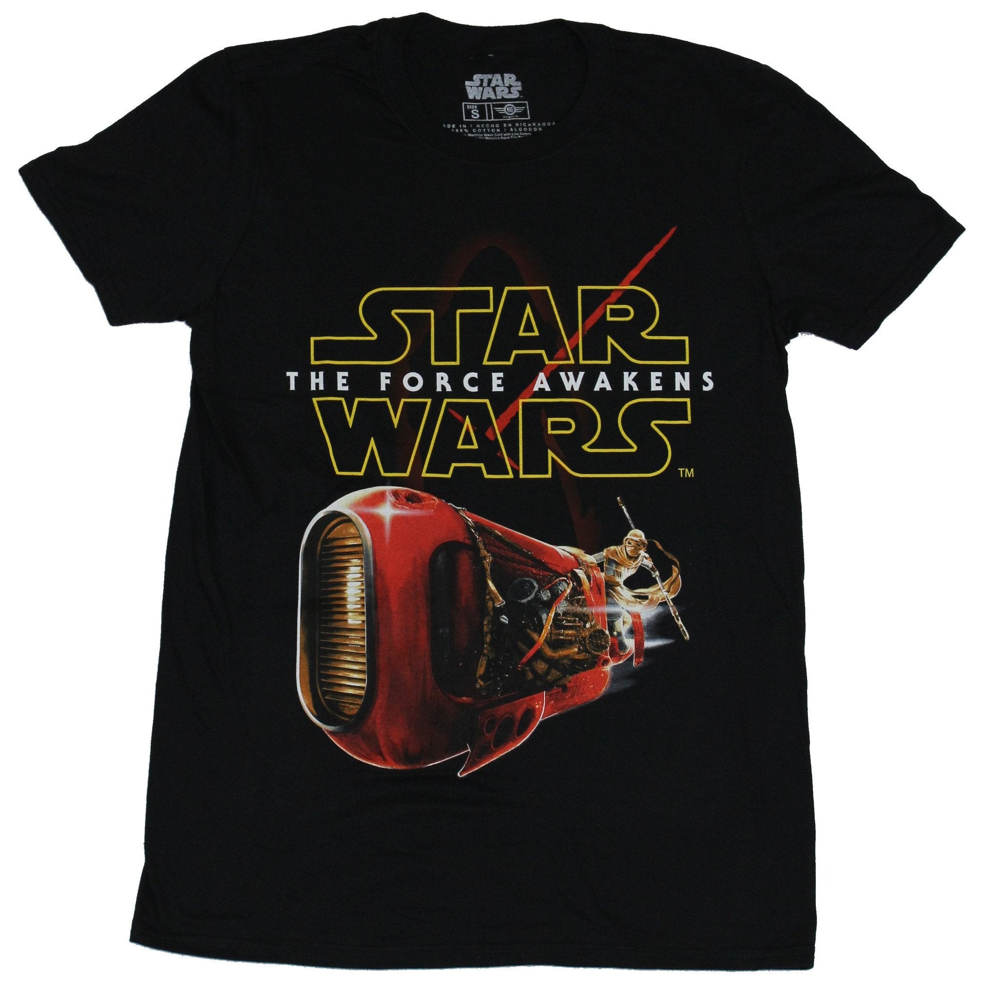Star Wars Force Awakens  Mens T-Shirt - Rey Rides Speeder Under Logo Image