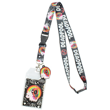 Marvel Deadpool Chibi Lanyard ID Holder with Unicorn and Rainbow Rubber Charm Pendant and Collectible Sticker