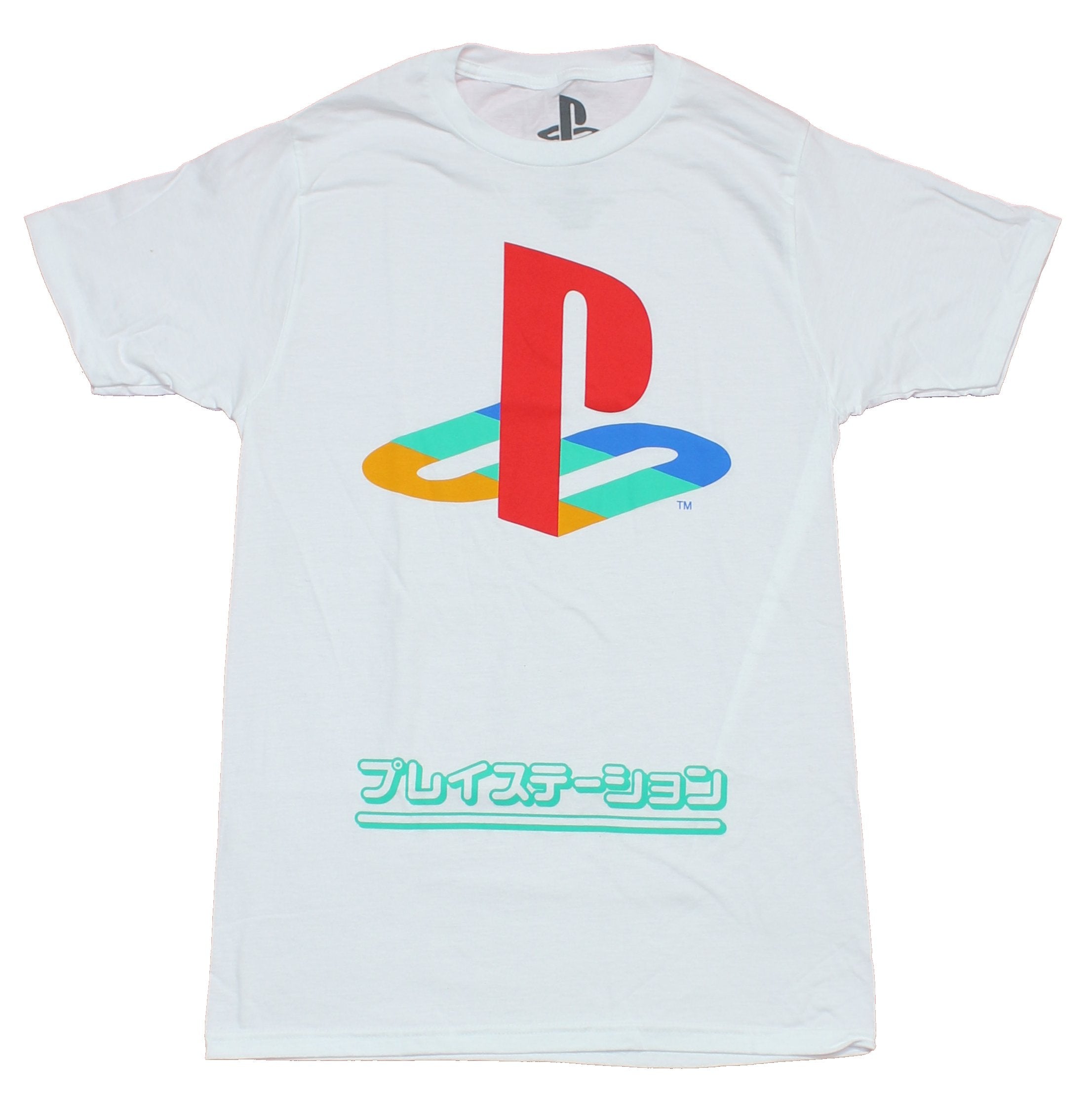 PlayStation Mens T-Shirt - Classic Logo Over Aqua Kanji Image