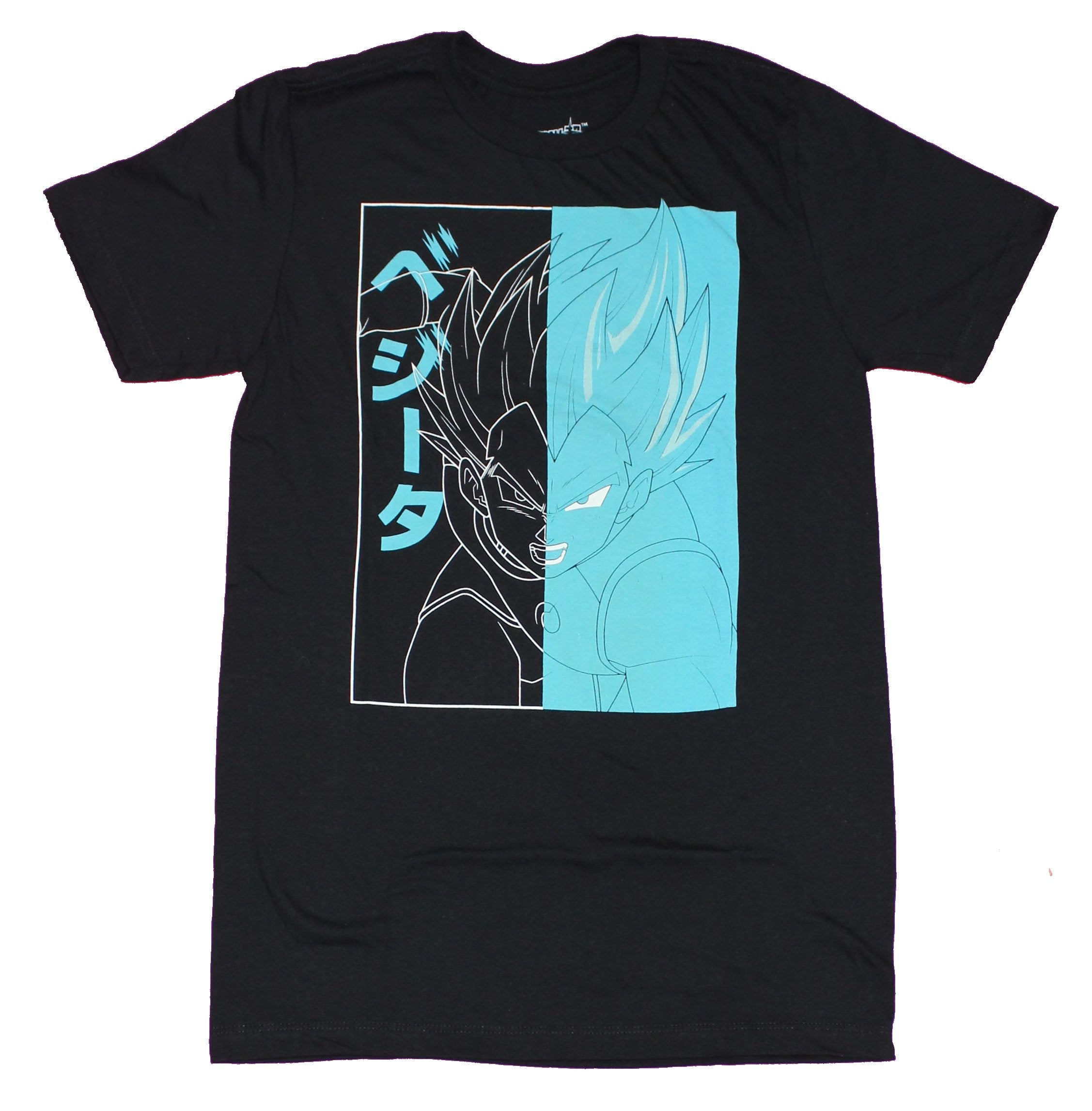 Dragon Ball Z  Mens T-Shirt - Rushing Vegeta Half Black Half Aqua Kanji Box
