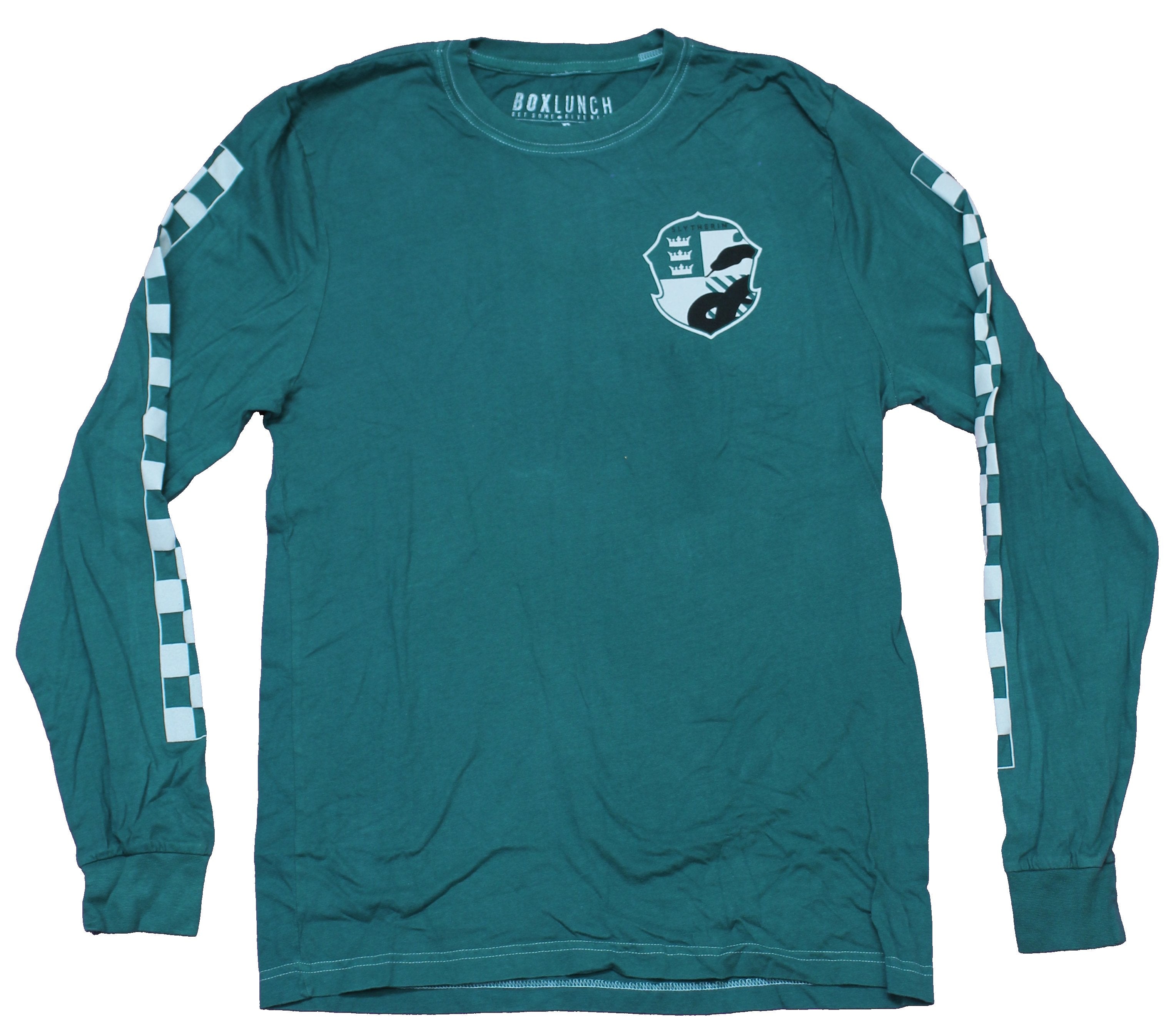 Harry Potter Long Sleeve Mens T-Shirt  -  Checkered Slytherin Crest Lapel & Back