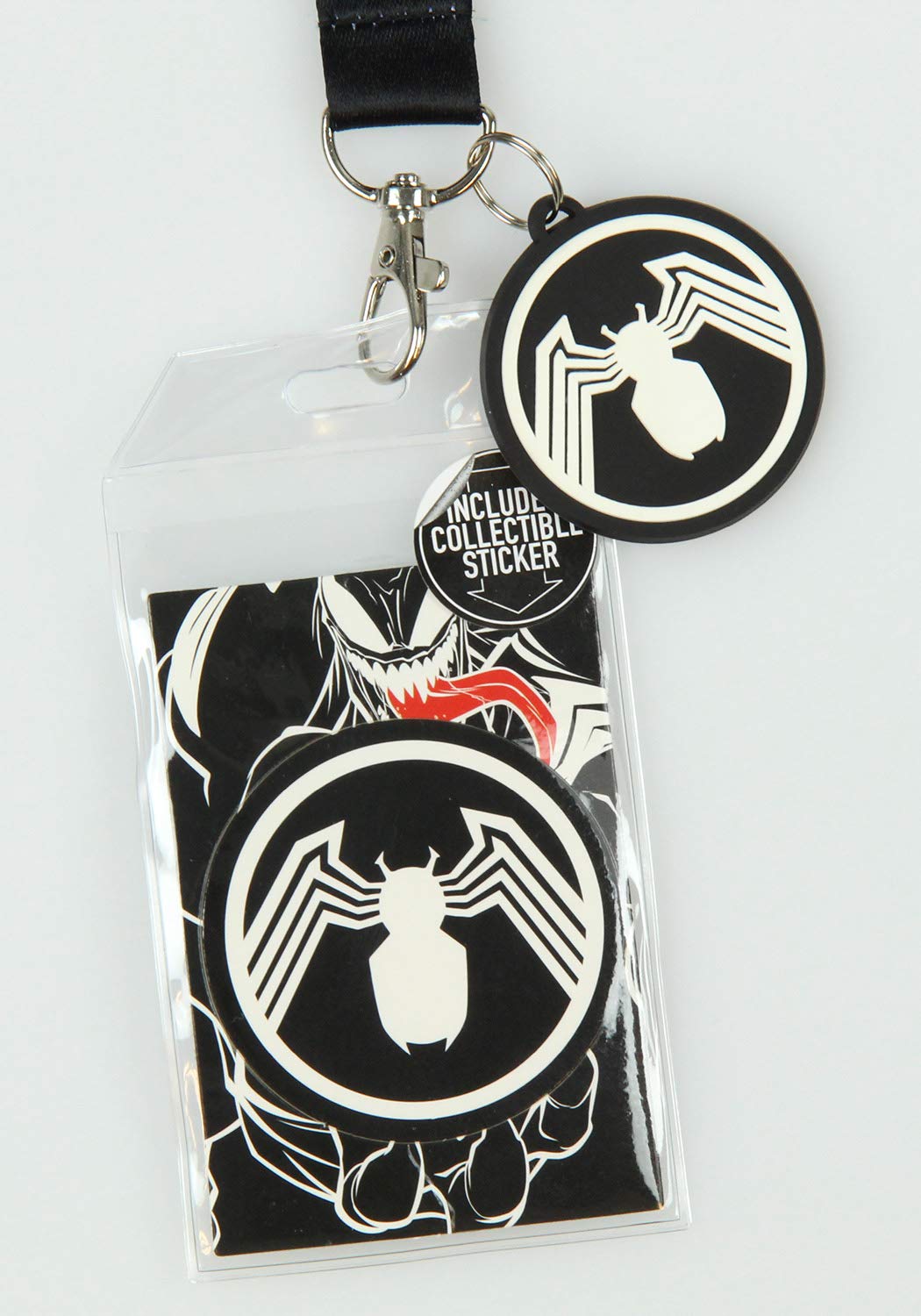 Marvel Venom Lanyard ID Badge Holder with 2" Character Logo Rubber Charm and Collectible Sticker