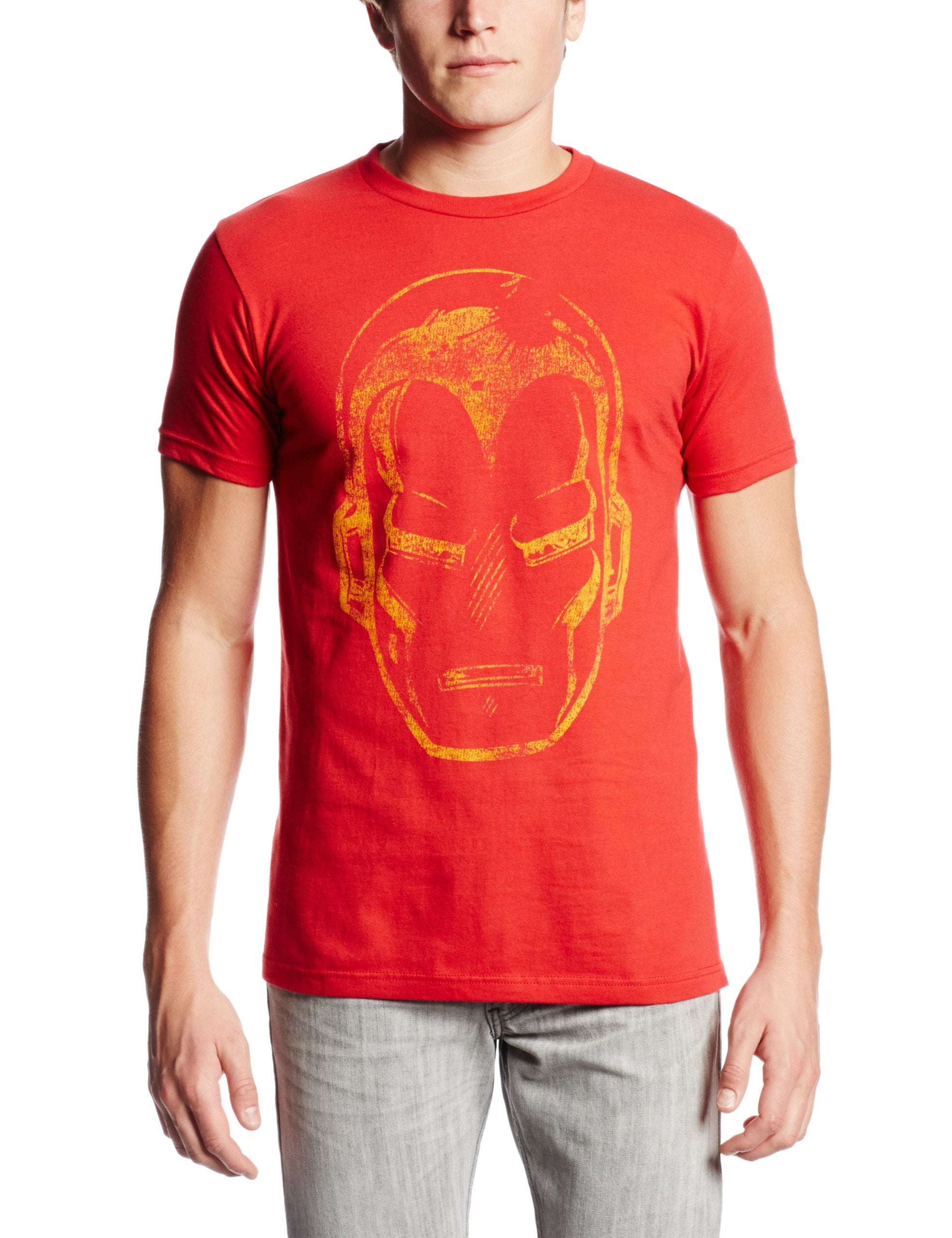 Iron Man (Marvel Comics) Mens T-Shirt - Distressed Yellow Print Iron Man Face