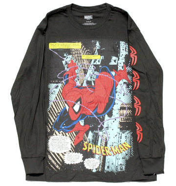 Spider-Man Mens Longsleeve T-Shirt - Swinging Over City Comic Panel