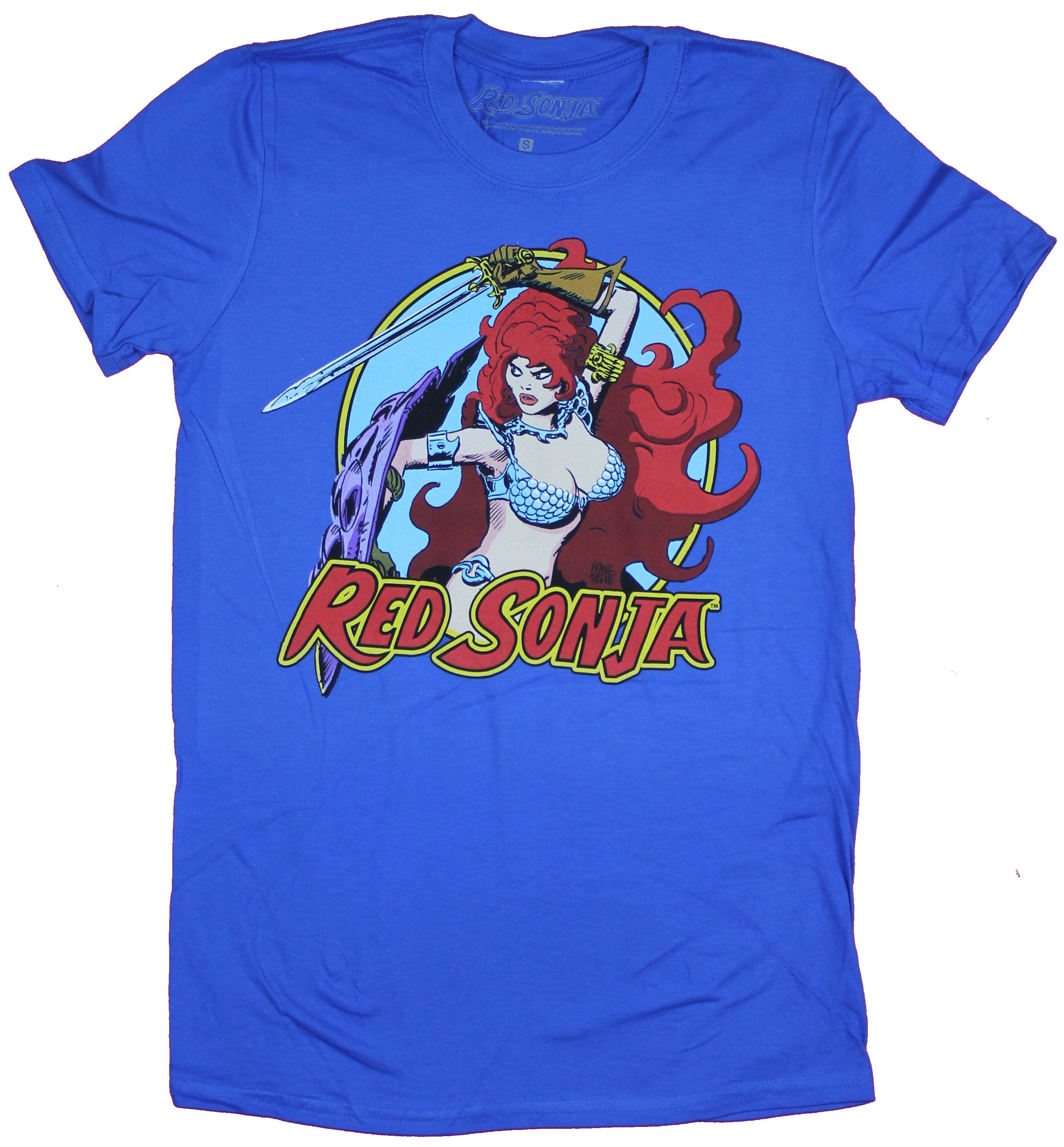 Red Sonja Mens T-Shirt - Sword Wielding Circle Image