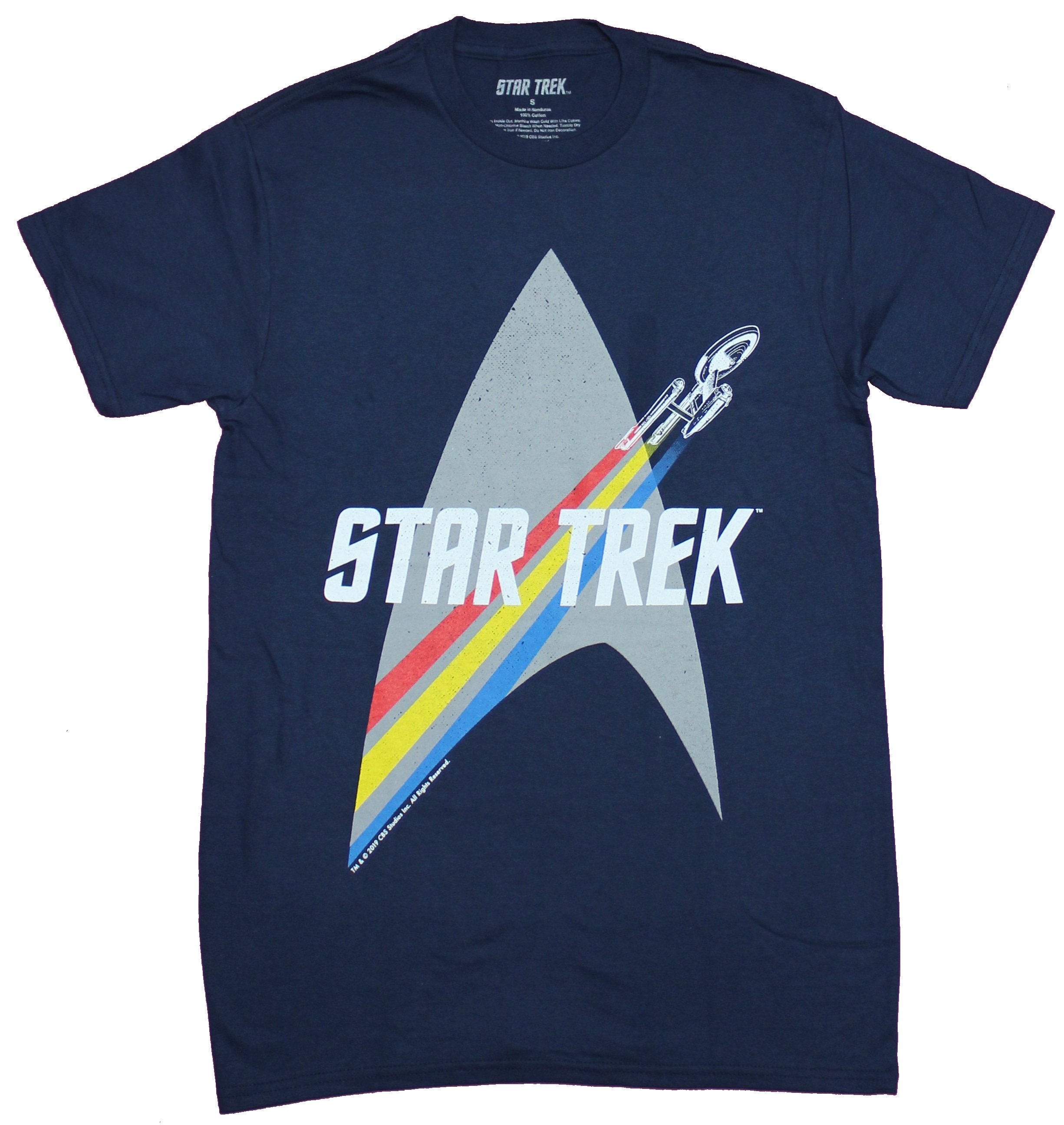 Star Trek Mens T-Shirt - Enterprise Rainbow Trail Over Star Fleet Logo