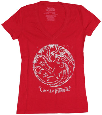 Game of Thrones Girls Juniors V Neck T-Shirt - White Stamped Targaryen Dragon