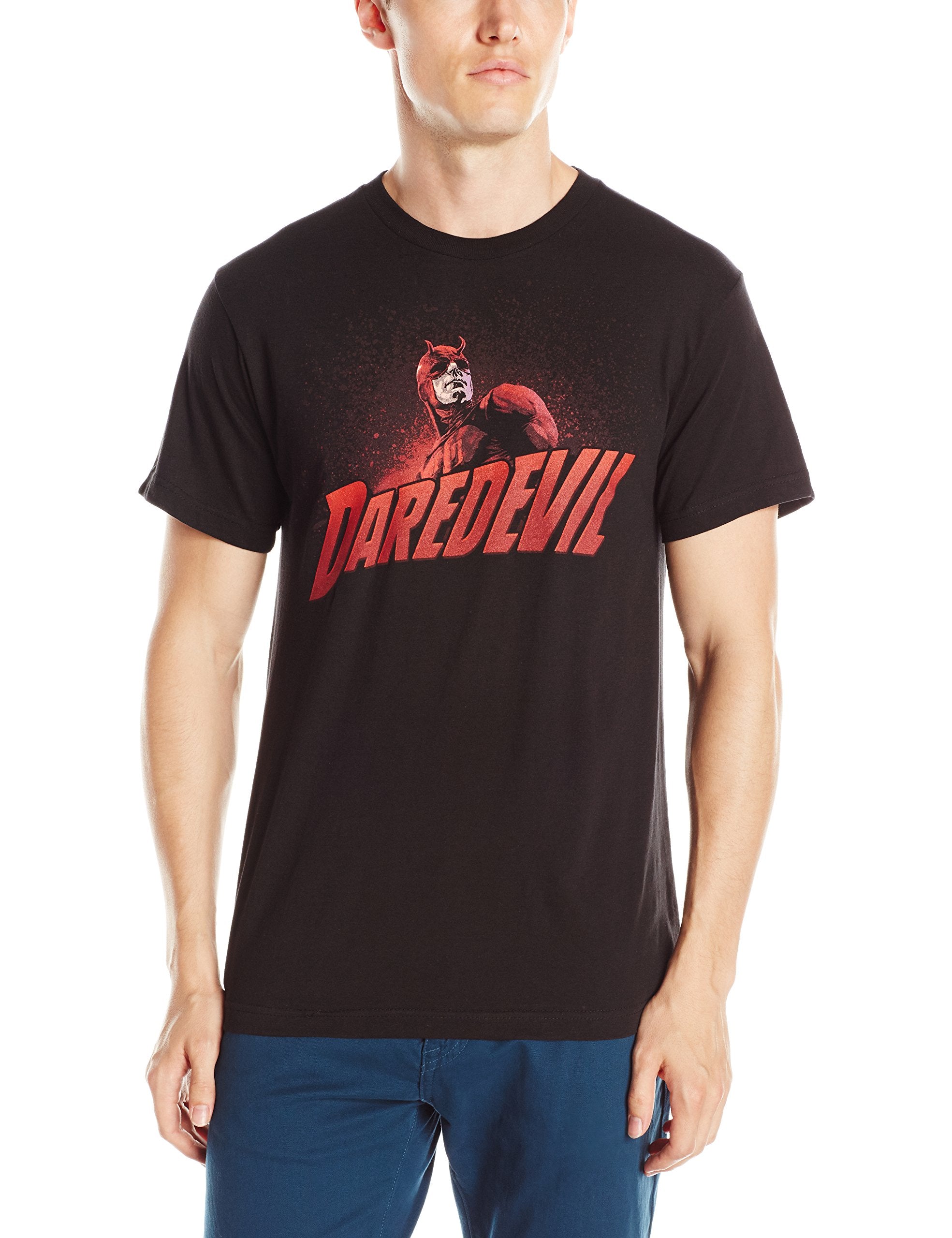 Daredevil (Marvel) Mens T-Shirt -Shadowy Matt Murdock Over Logo