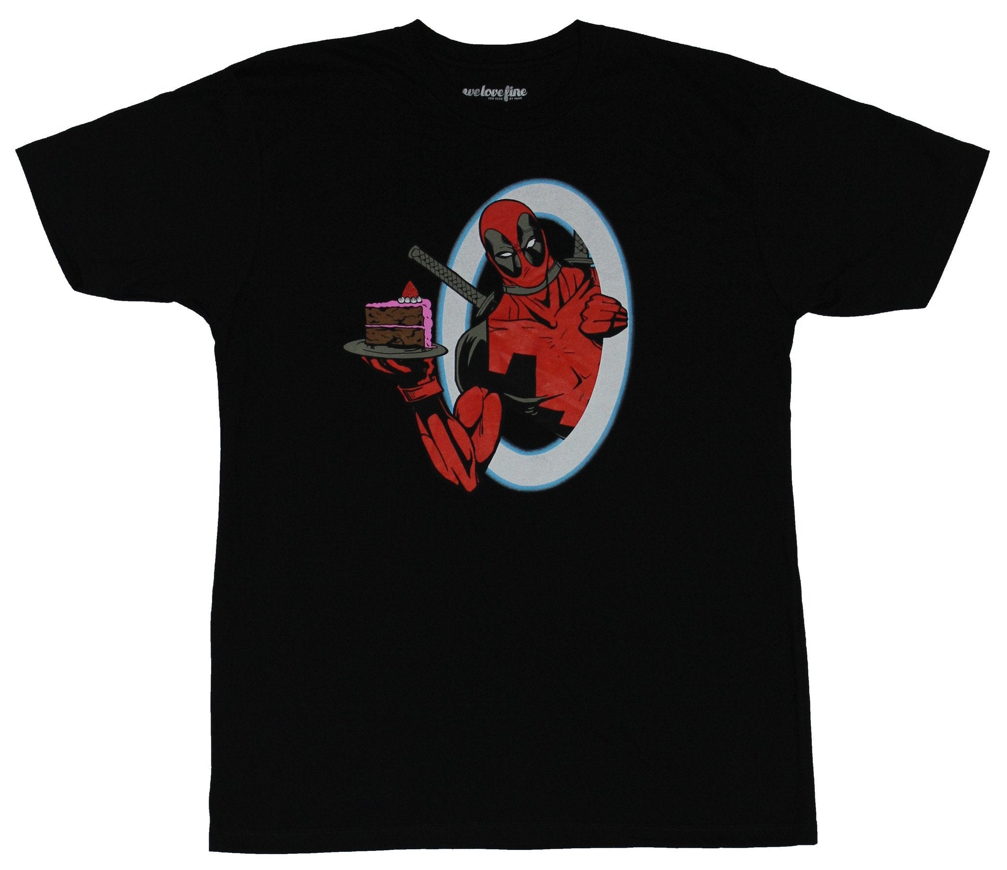 Deadpool (Marvel Comics) Mens T-Shirt - Portal popping Cake Serving Wade Image