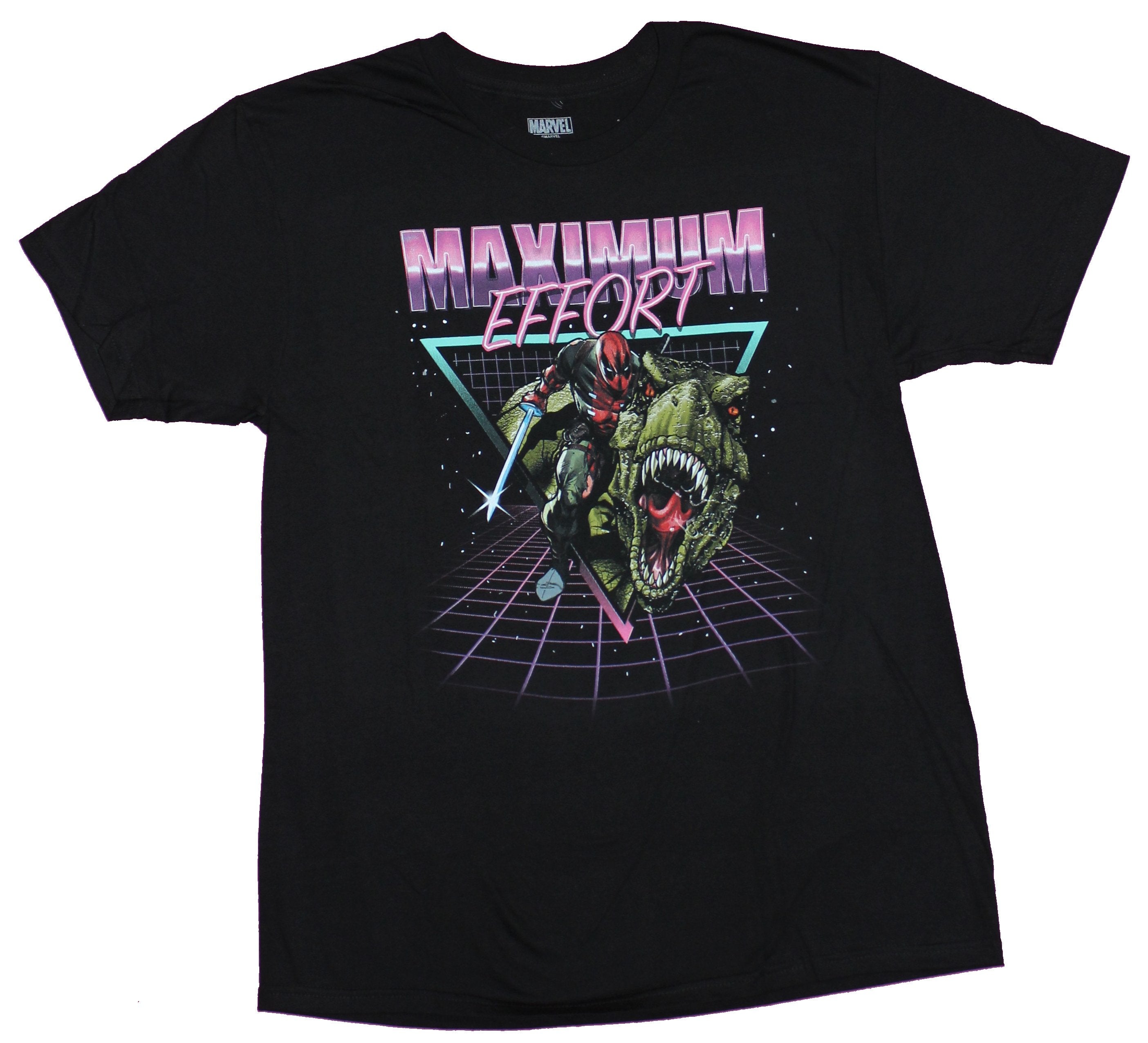 Deadpool Mens T-Shirt - Maximum Effort Riding T-Rex in Vector Space