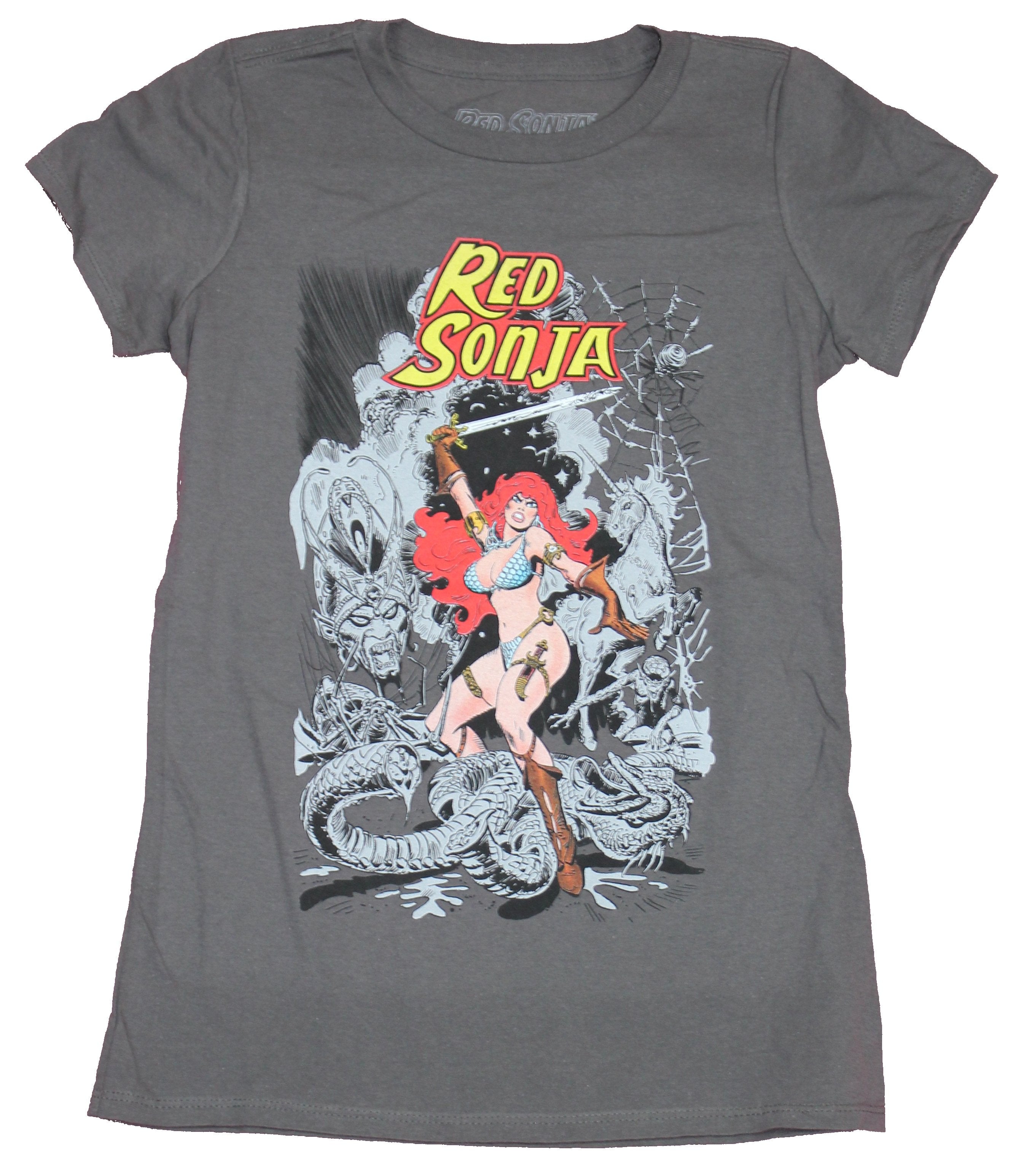Red Sonja Girls T-Shirt - In Color Hero Surrounded By 2-Tone Enemies