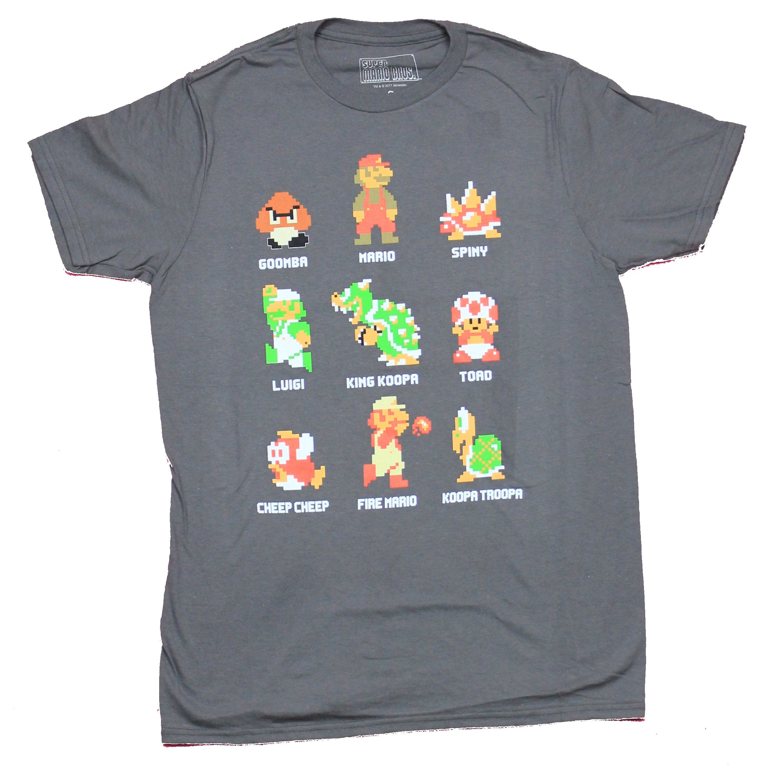 Super Mario Brothers Mens T-Shirt  - 9 Classic 8-Bit Characters Lineup