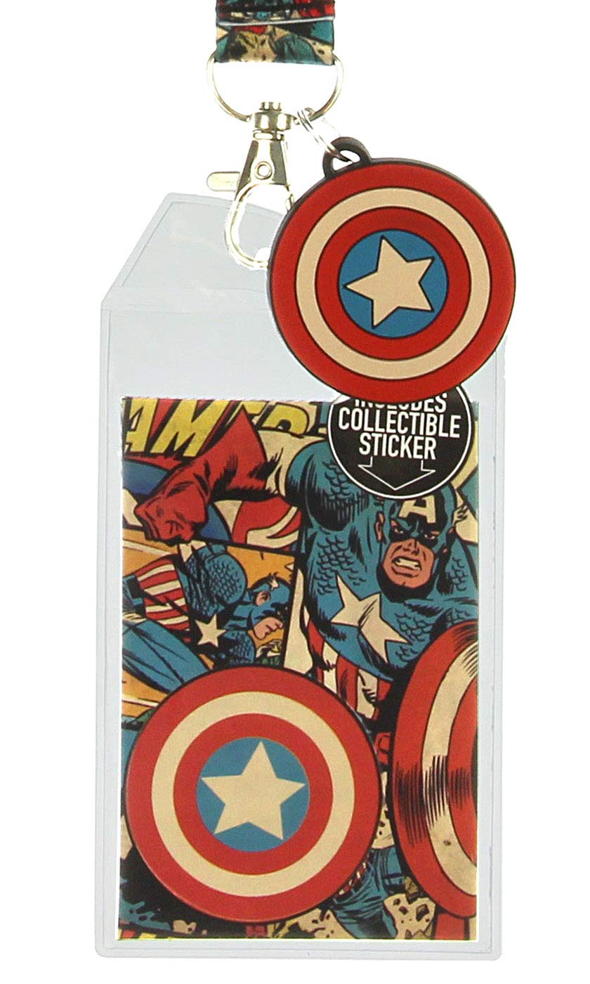 Captain America Lanyard Comic and Logo Print with Rubber Charm and ID Holder