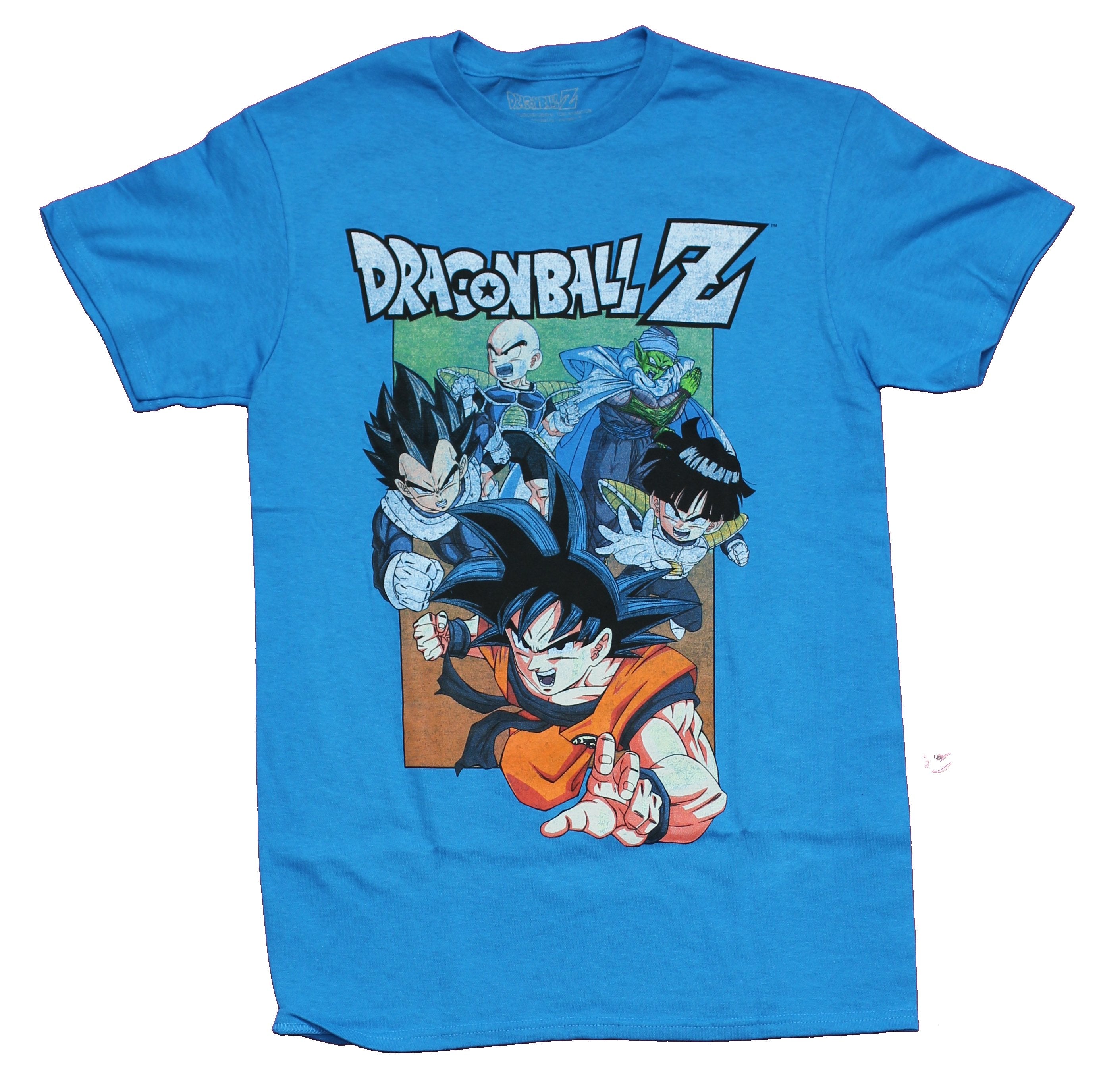 Dragon Ball Z Mens T-Shirt - Goku Leading Attack Distressed Under Name