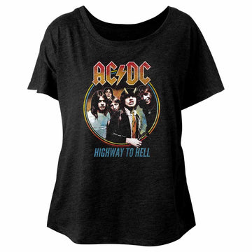 AC/DC Ladies S/S Dolman - Highway To Hell Tricolor - Heather Vintage Black
