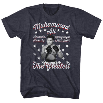 Muhammad Ali Mens S/S T-Shirt - Vintage Greatest - Heather Navy Heather