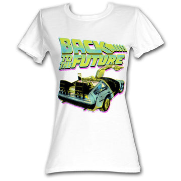 Back To The Future Girls Juniors S/S T-Shirt - Btf Neon - Solid White
